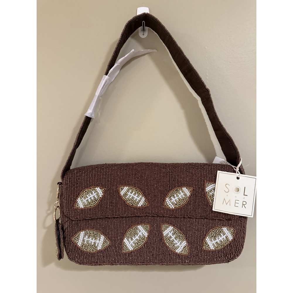 NWT Brown Football Sol & Mer Hand-Sewn Beaded Shoulder Bag